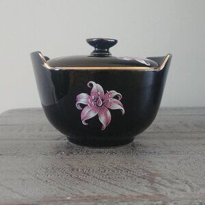 Orchid pink and black gold trim Palissy made in England china sugar bowl